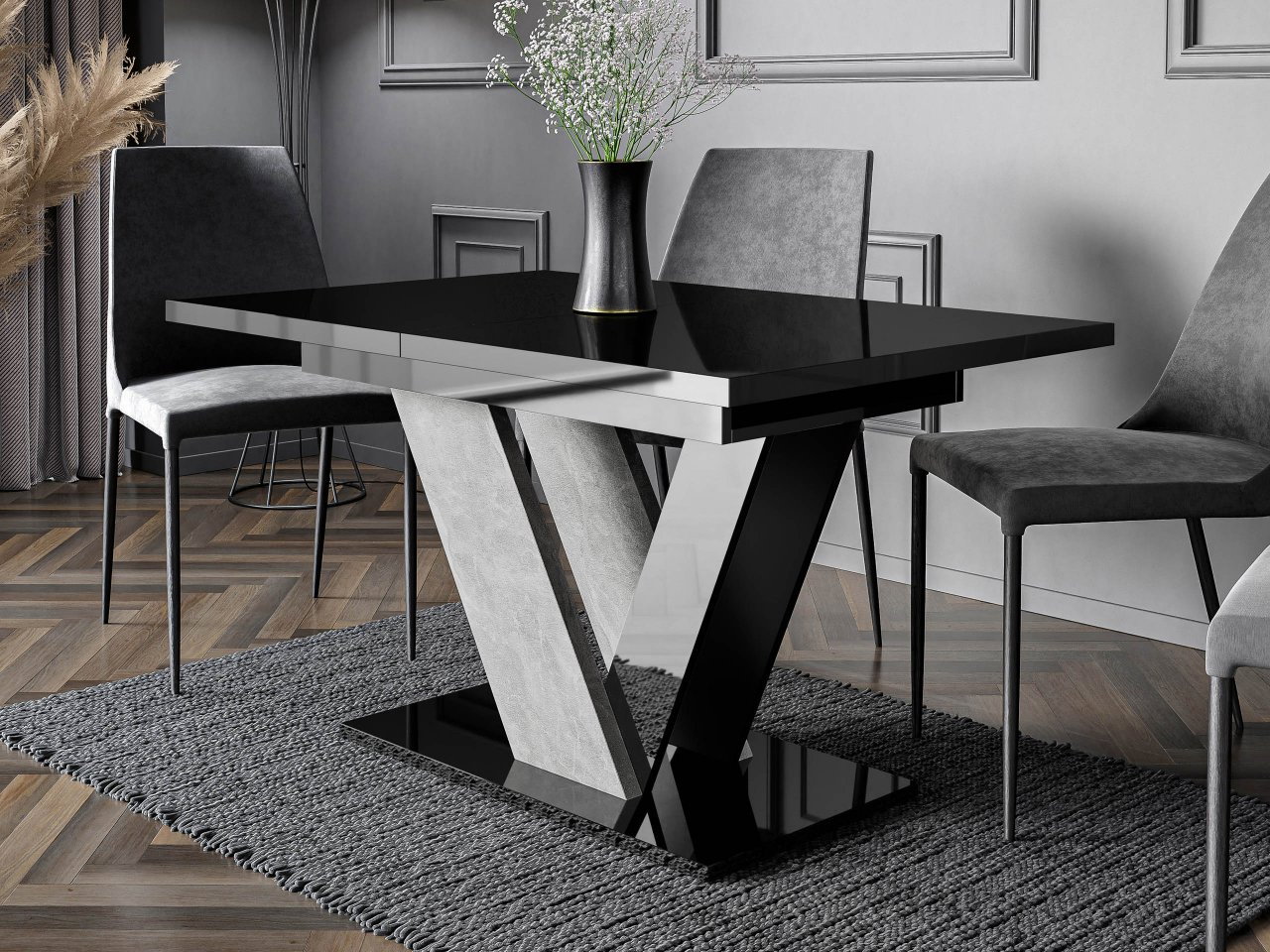 Masă sufragerie extensibilă Granger (lucios Negru + beton) (pentru 2-6 persoane)