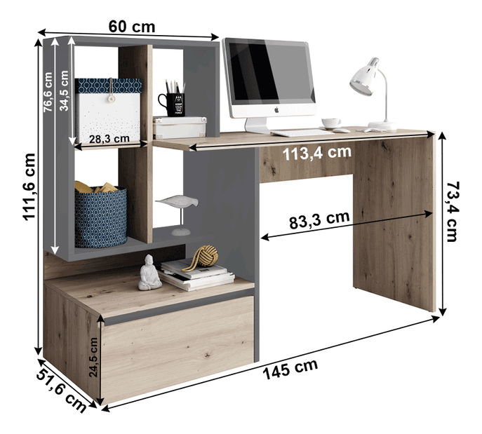 PC asztal Neo (tölgy artisan + grafit + világos antracit)
