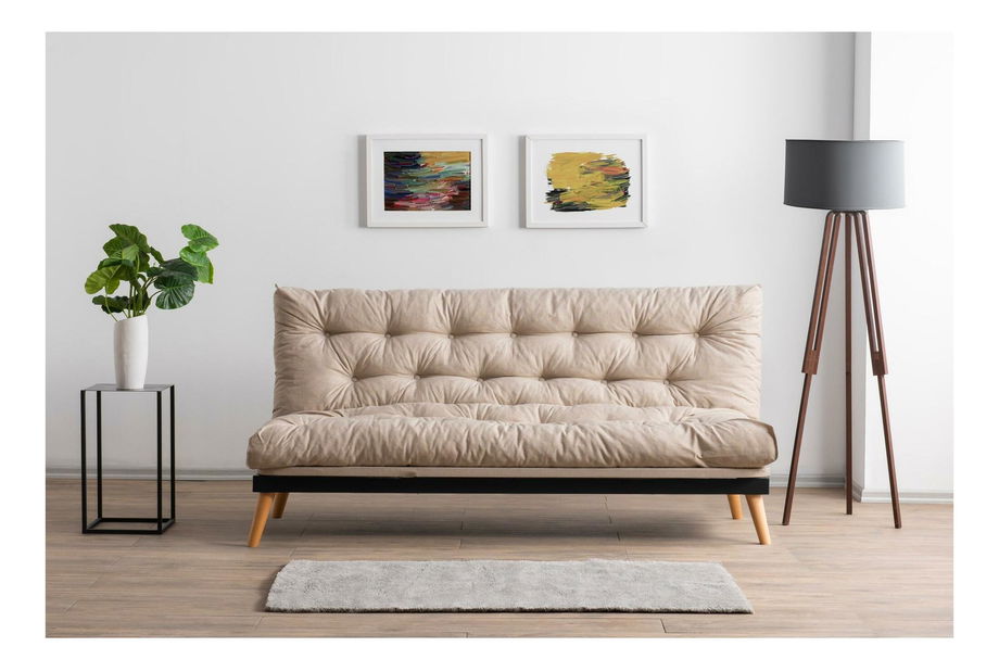 Rozkladacia pohovka Sakotta (krémová + drevo)