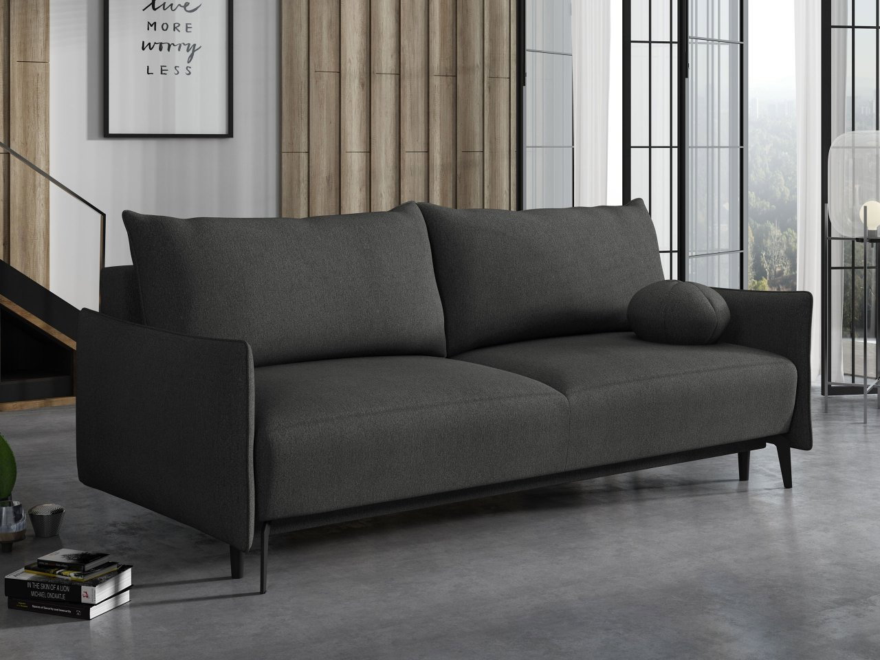 Széthúzható kanapé Owasoro (fekete) (tárolóhellyel)