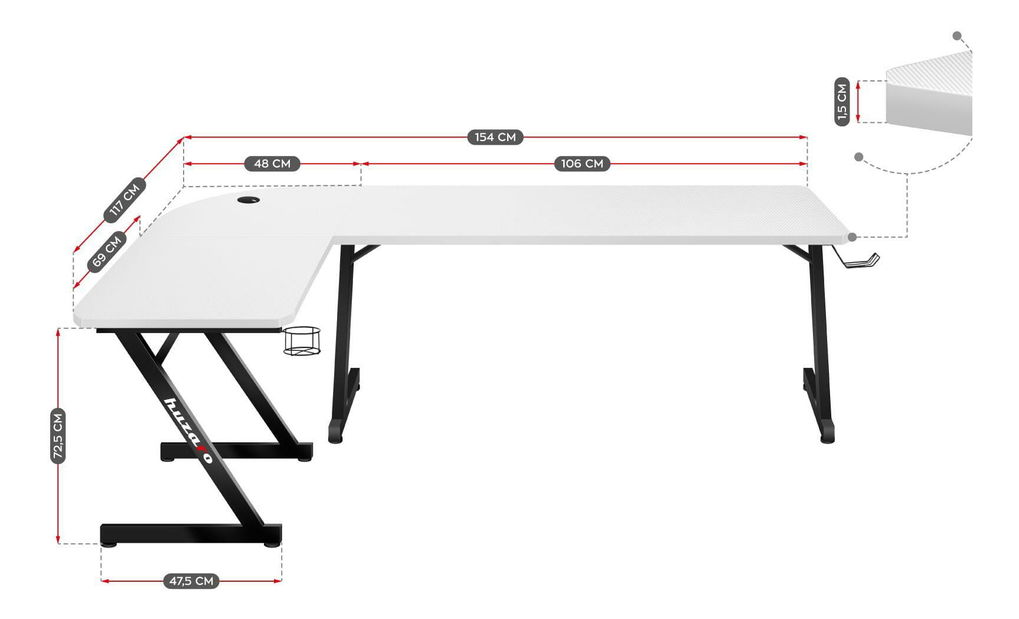 Kutni PC stolić Hyperion 7.0 (crna + bijela)