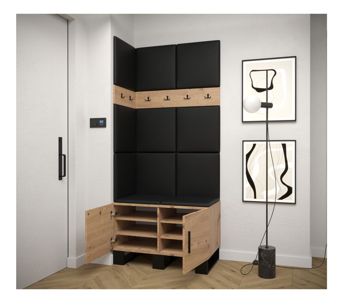 Set mobilier pentru hol Amanda 11 (Stejar artisan + piele ecologică Negru)