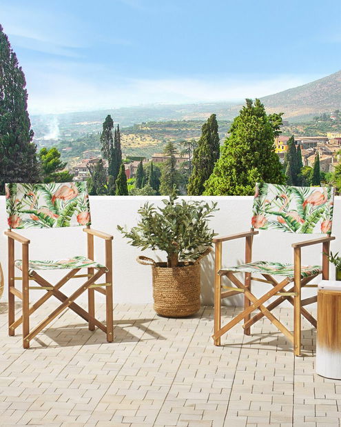 Set 2 vrtne ležaljke s rezervnim presvlakama Ciala (svijetlo drvo + uzorak flaminga)