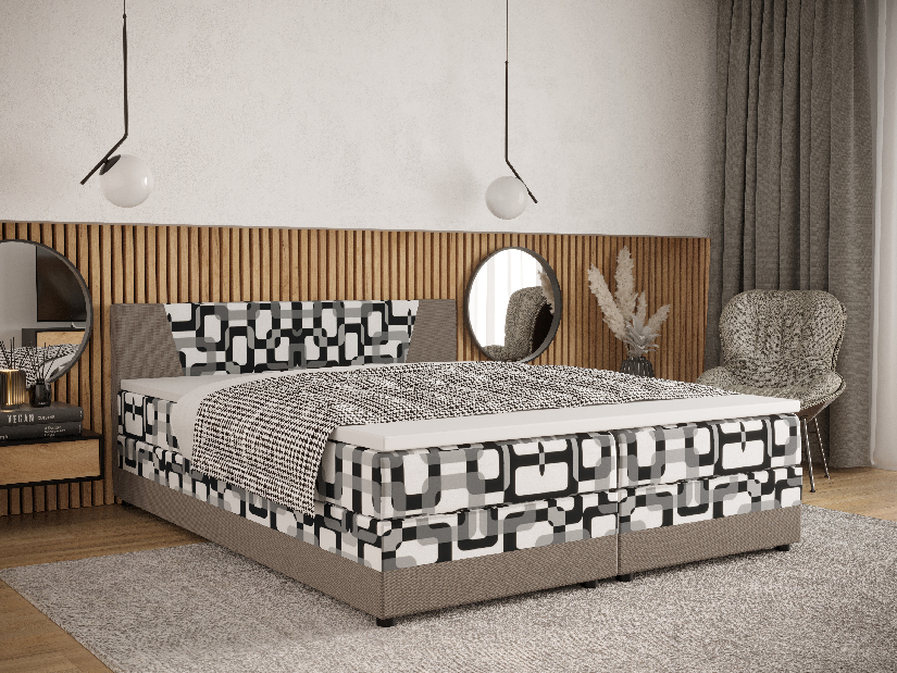 Bračni krevet Boxspring 140 cm Linda (uzorak + sivo smeđa) (s madracem i prostorom za odlaganje)