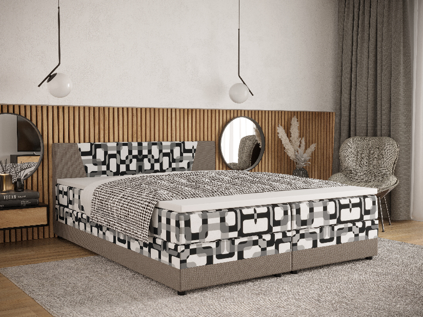 Bračni krevet Boxspring 180 cm Linda Comfort (uzorak + sivo smeđa) (s madracem i prostorom za odlaganje)