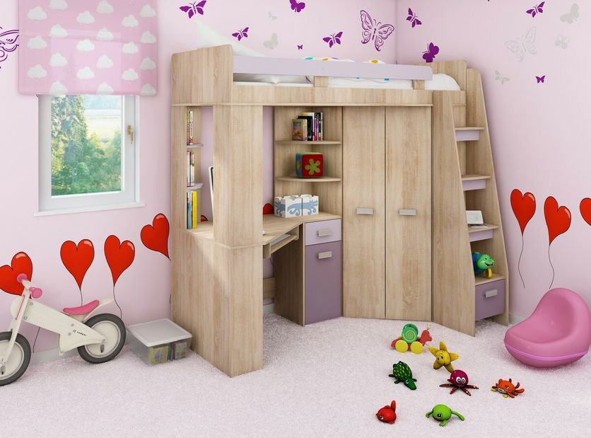 Pat supraetajat de colț Alina (D) Sonoma + violet (cu somieră)