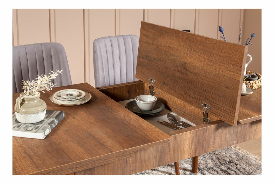 Masă de sufragerie extensibilă cu 2 scaune și 2 bănci Vlasta (nuc + gri)