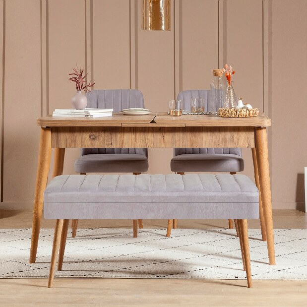 Széthúzható étkezőasztal 2 székkel és egy paddal Vlasta (atlanti fenyő + szürke)