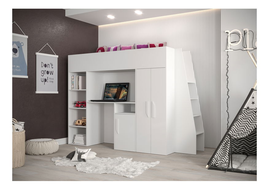 Pat pentru copii combinat 90 cm Puro 15 (alb mat + alb lucios + mânere albe)