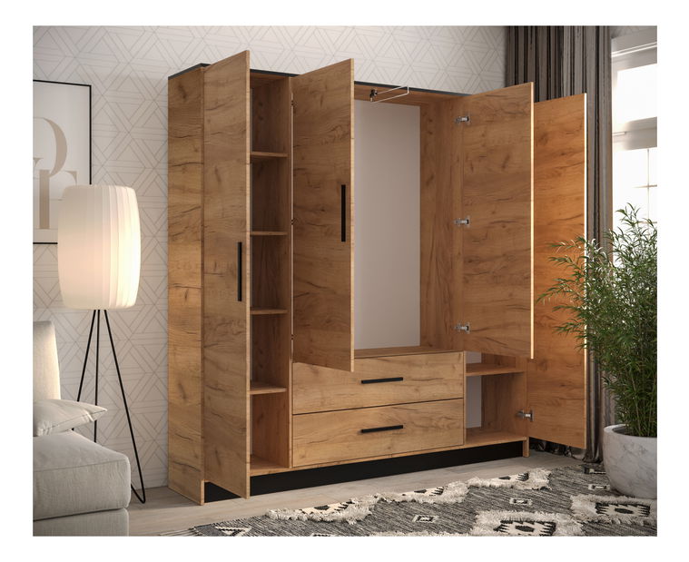 Ruhásszekrény 201 cm Marine 2 (tükörrel) (arany craft tölgy + fekete)