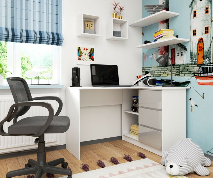 Kutni PC stolić Bodhi (bijela + metalni sjaj) (D)