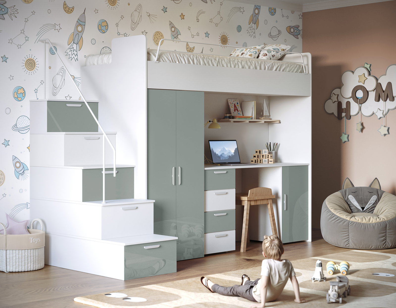 Dječji krevet Ruby IV S (bijela + mint sjaj) (s podnicom)