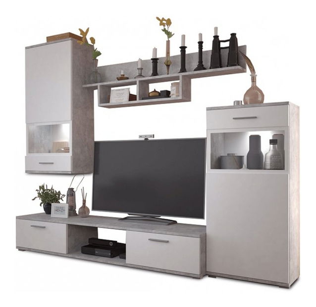 Obývacia stena Balbo (betón + biela matná) (s osvetlením) *výpredaj