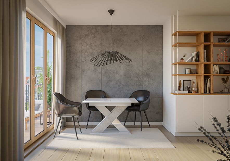 Masă de sufragerie Xalin (alb lucios + piatră) (pentru 4 până la 6 persoane)