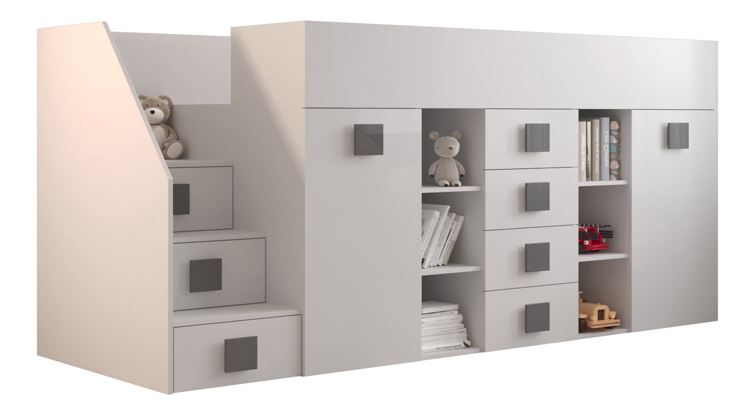 Detská kombinovaná posteľ 90 cm Toreno 3 (biela + biely lesk + sivé lesklé madlá) (L)