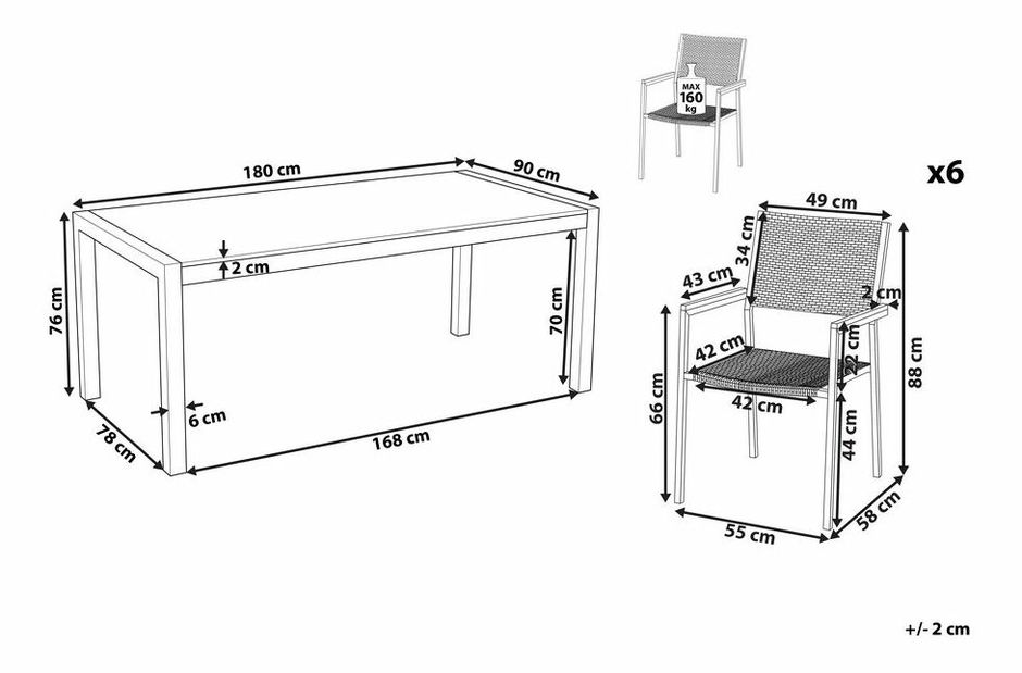 Vrtni blagovaonski set Grosso (crna) (staklena ploča 180x90 cm) (ratanske stolice) (staklo)