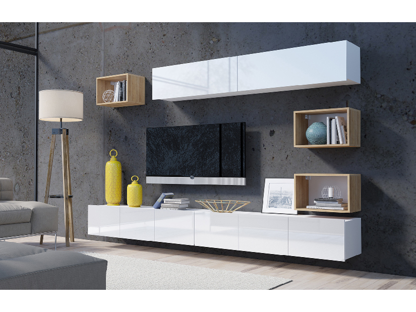 Mobilier living Calabria C31 WHITE (Alb + Stejar auriu) (fără iluminat)