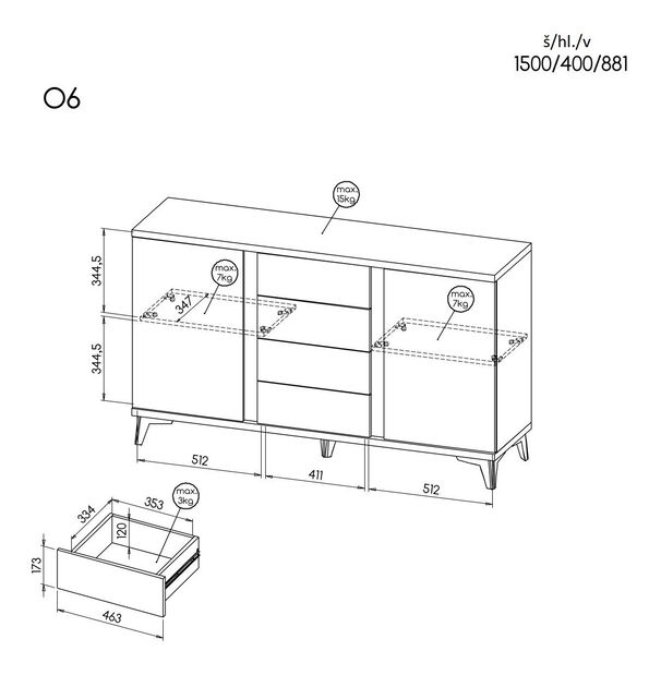 Komód typ O6 Onley (fényes fehér + riva tölgy)