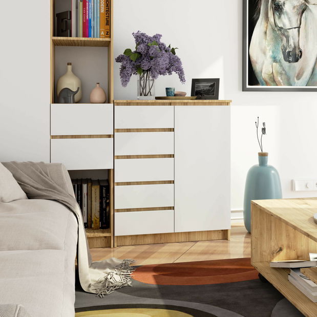 Comodă Kirmair (stejar artisan + alb)