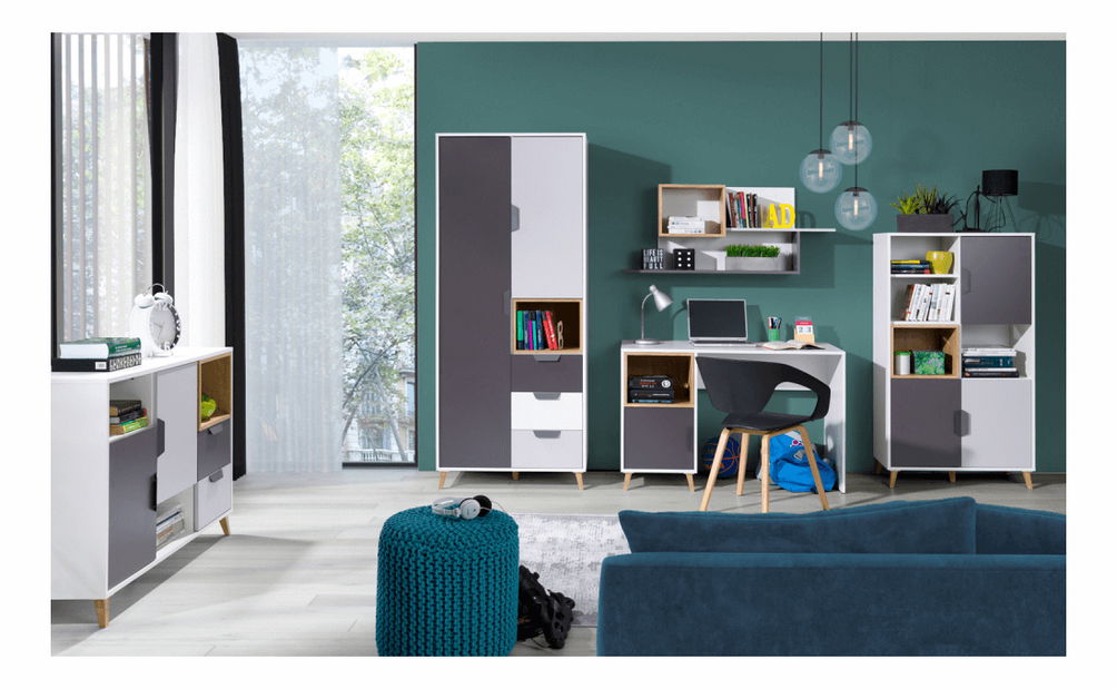 Komoda typ 07 Sinny (biela + grafit + dub lefkas)