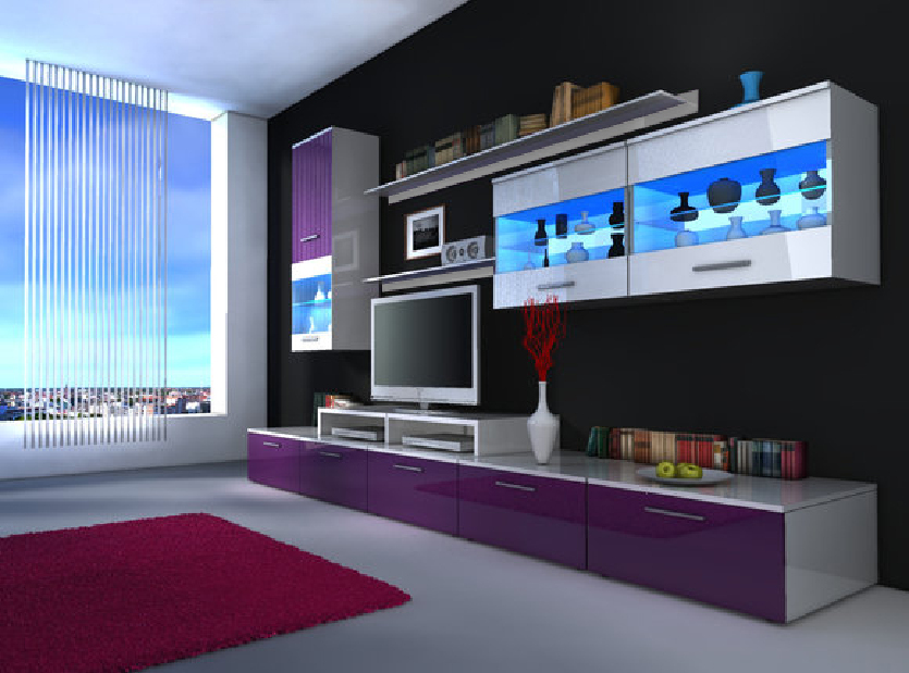 Mobilier living Beverley I (alb + violet) (cu iluminat)