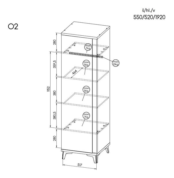 Ormar s policama Onley (bijela sjajna + hrast Riva)