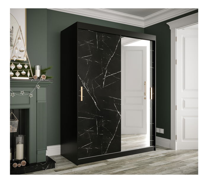 Šatníková skriňa 150 cm Marbelo T2 (matná čierna + čierny mramor)