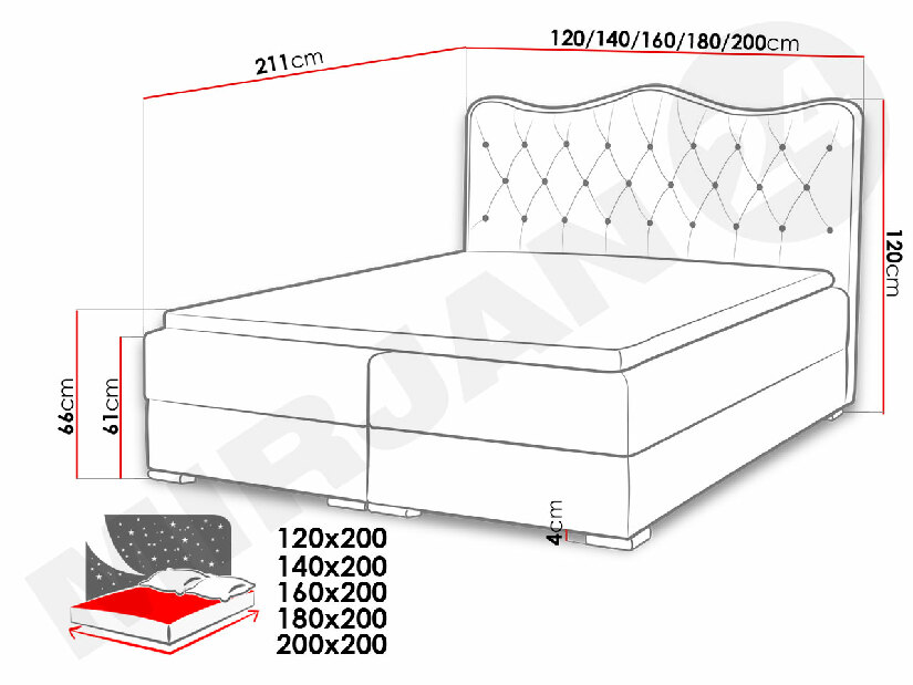 Pat matrimonial Boxspring Boxspring 180 cm Narcyn (roșu) *vânzare