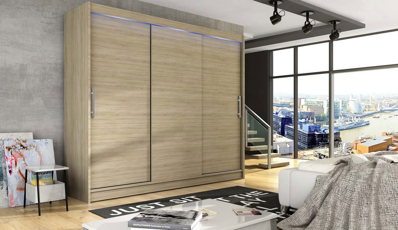 Tolóajtós szekrény Dorian II (sonoma tölgy) (RGB LED világítás színes)