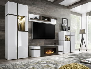 Set za dnevni boravak Carlyn PEW CS-K (bijela + bijeli sjaj + jasen biserni) (s rasvjetom) (s bio kaminom)