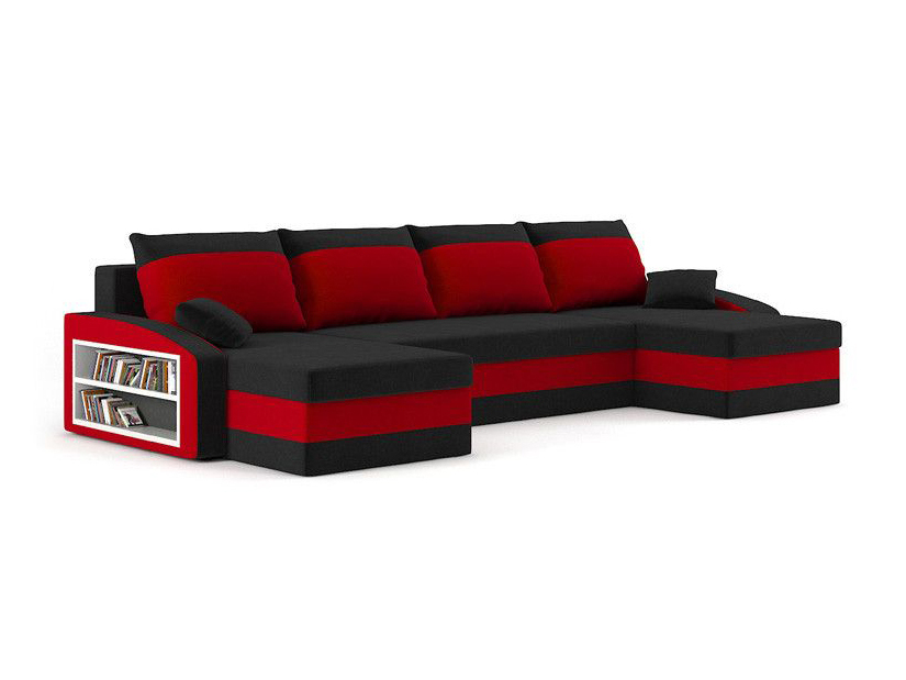 Rohová sedačka Savita (čierna + červená) (s poličkou a taburetkou) (s bonell pružinami) (L)