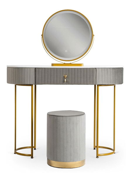 Toaletni stolić Afecto (siva + zlatna) (s tabureom i LED ogledalom)