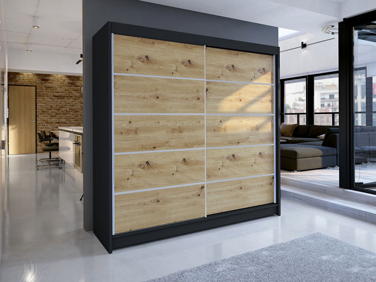 Szekrény tolóajtós Bastian IV (fekete + kézműves tölgy) (világítás nélkül)