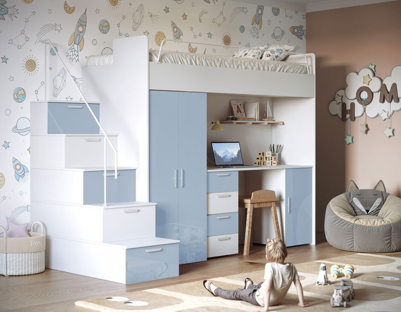 Detská posteľ Ruby IV S (biela + lesk svetlomodrý) (s roštami)