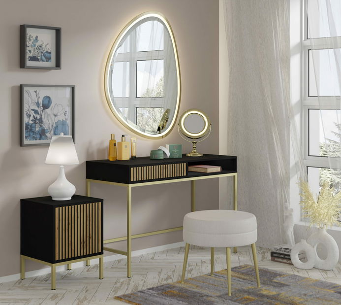 Nočný stolík F 1D Rowanna (čierna + dub artisan + zlatá)