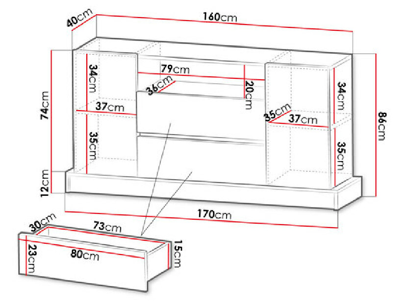 Komoda 170 cm Bariput (biely lesk + zlatá) *výpredaj