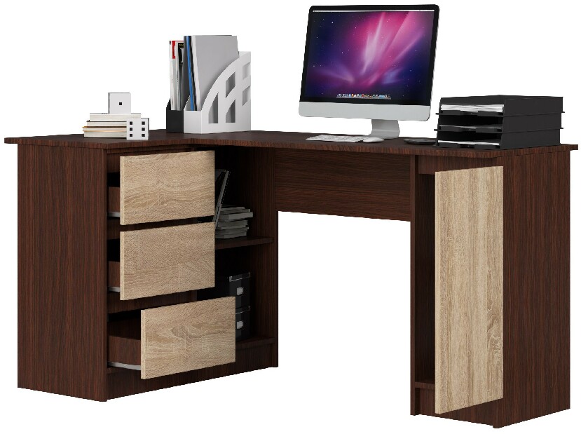 Rohový PC stolík Bevin (wenge + dub sonoma) (L)