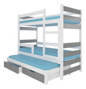 Pat etajat pentru copii 180x75 cm Karin (cu somieră și saltea) (Alb + Gri)