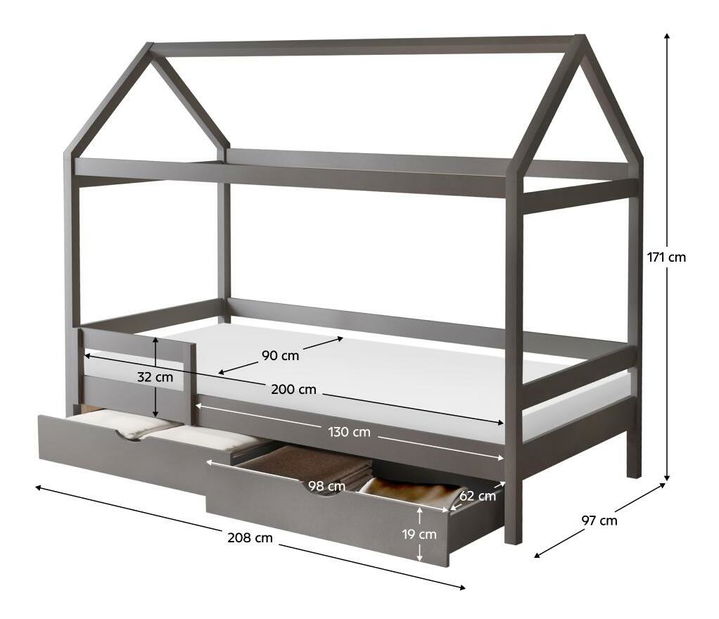 Pat etajat pentru copii 90 cm Nortena (gri) (cu somieră) (cu sp. depozitare)