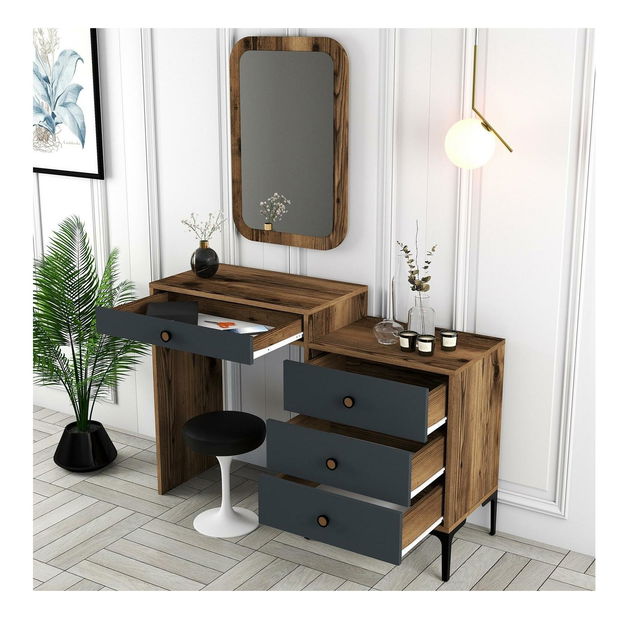 Toaletný stolík Logan 2 (antracit + orechové drevo) (so zrkadlom)