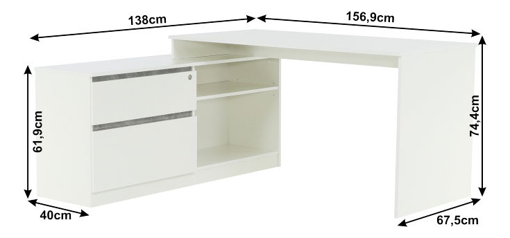 Rohový PC stolík Bill (biela + beton)
