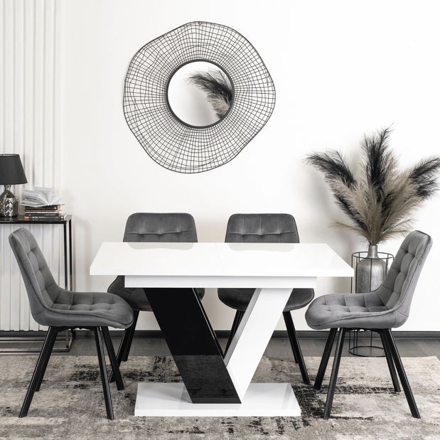 Blagovaonski stol na razvlačenje Comentado (bijeli sjaj + crni sjaj) (za 4 do 6 osoba)