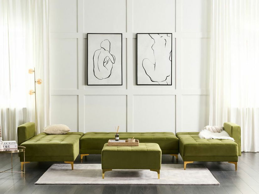 Rohová sedacia súprava s taburetkou U Aberde (zamatová zelená)