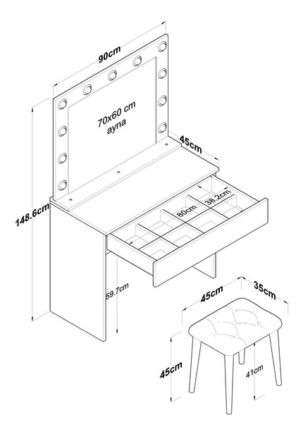 Toaletni stolić s tabureom Blake 21 (s ogledalom) (s LED rasvjetom) (bijela)