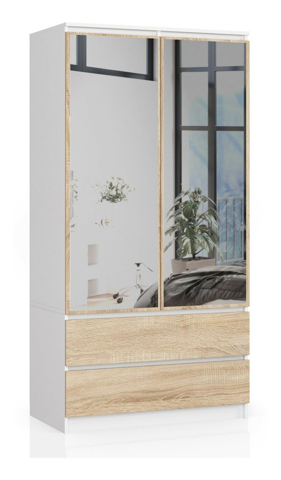 Šatníková skriňa Submarino (biela + dub sonoma) (so zrkadlom)