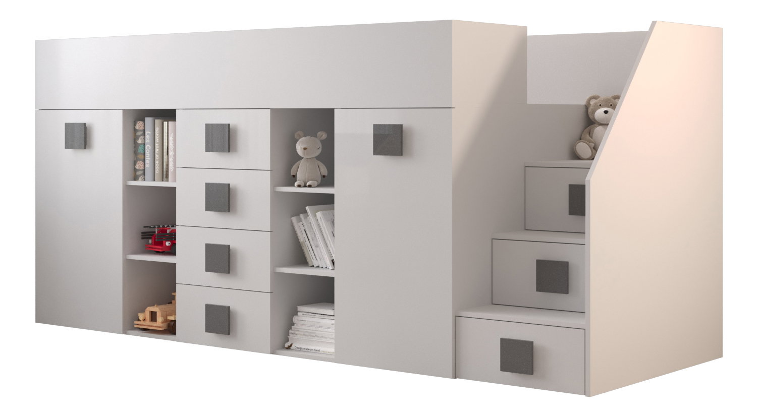 Pat multifuncțional 90 cm Toreno 3 (Alb + alb lucios + mânere gri lucios) (D)