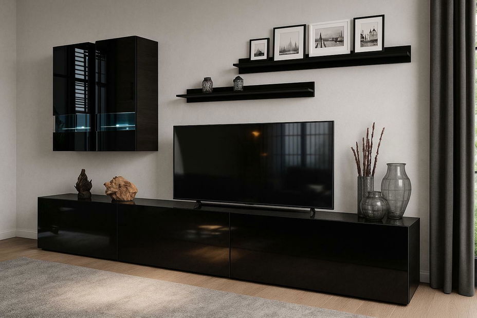 Nappali bútorsor Benmore (fekete + fényes fekete) (világítás nélkül)