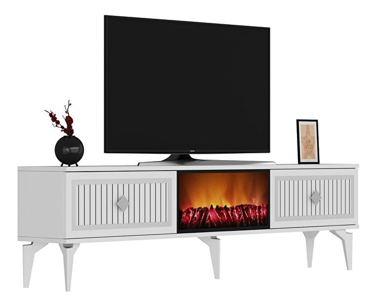 TV asztal/szekrény kandallóval Kebive (fehér + ezüst) 