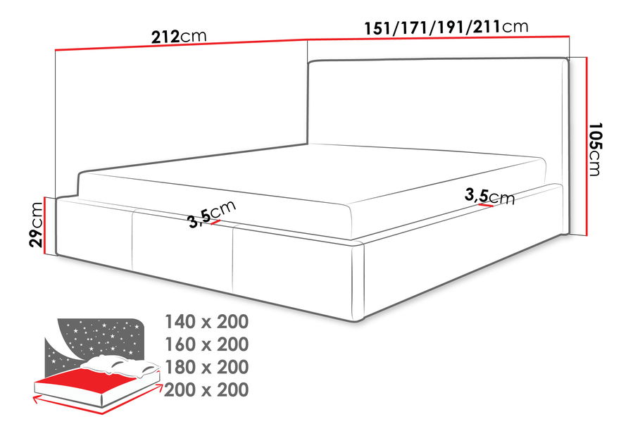 Franciaágy 200cm Kendall (sötétszürke)