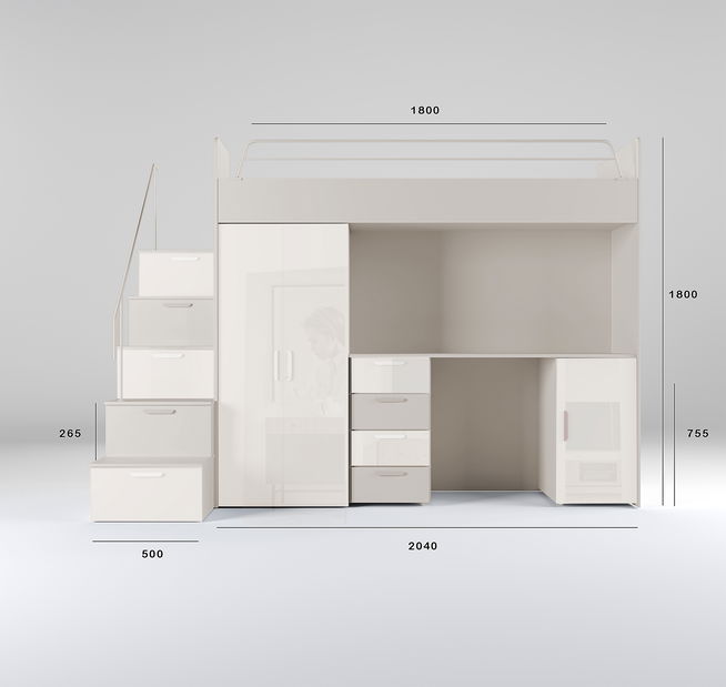 Pat pentru copii Ruby IV S (cașmir + alb lucios) (cu somiere)